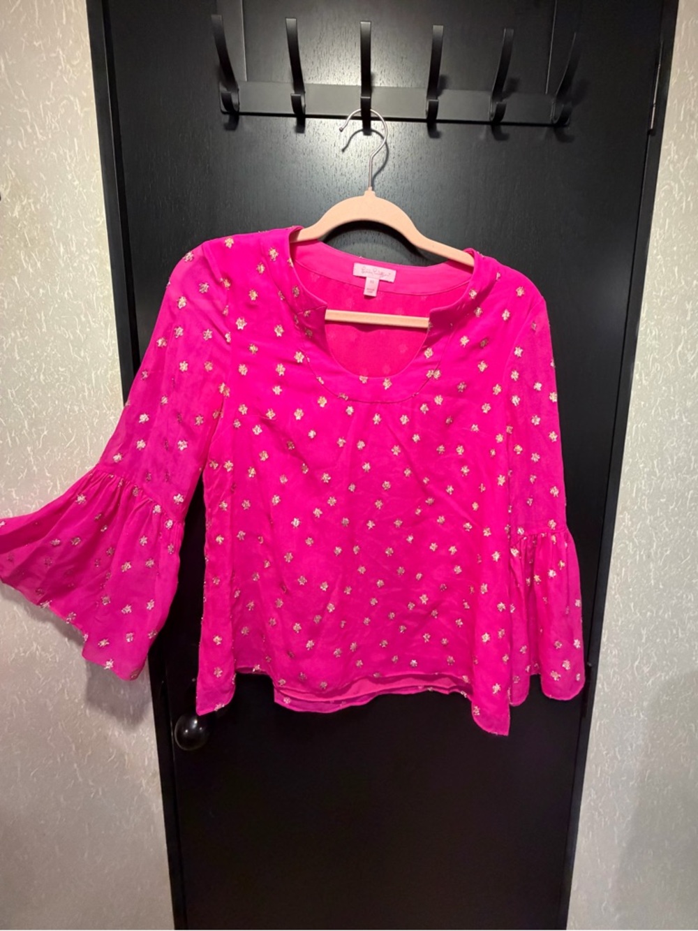 Lilly Pulitzer Hot Pink Metallic Dot Bell Sleeve Top